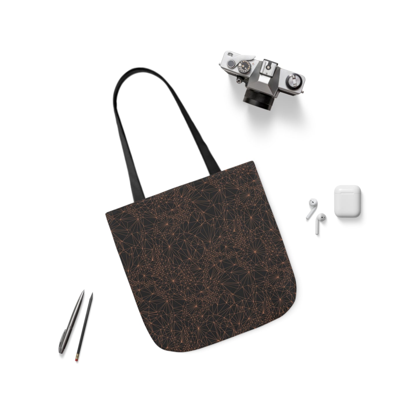 Tri-Mesh Geometric by Michelle Penland Dodson, Canvas Tote Bag alongside a camera, AirPods, and a pen and pencil. 13x13