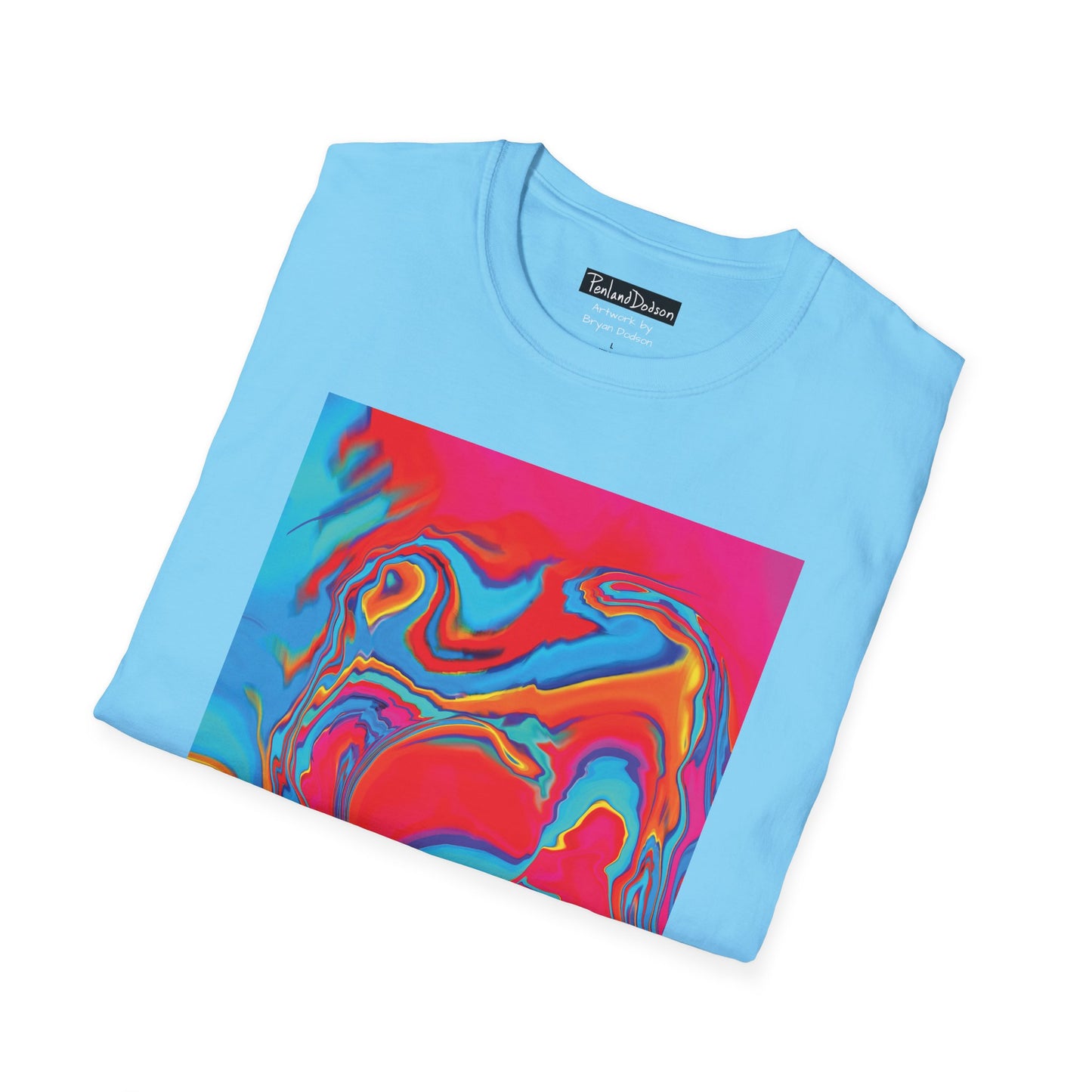 Folded View of Bryan Dodson's Improvisational Abstract Multicolor T-Shirt in Sky