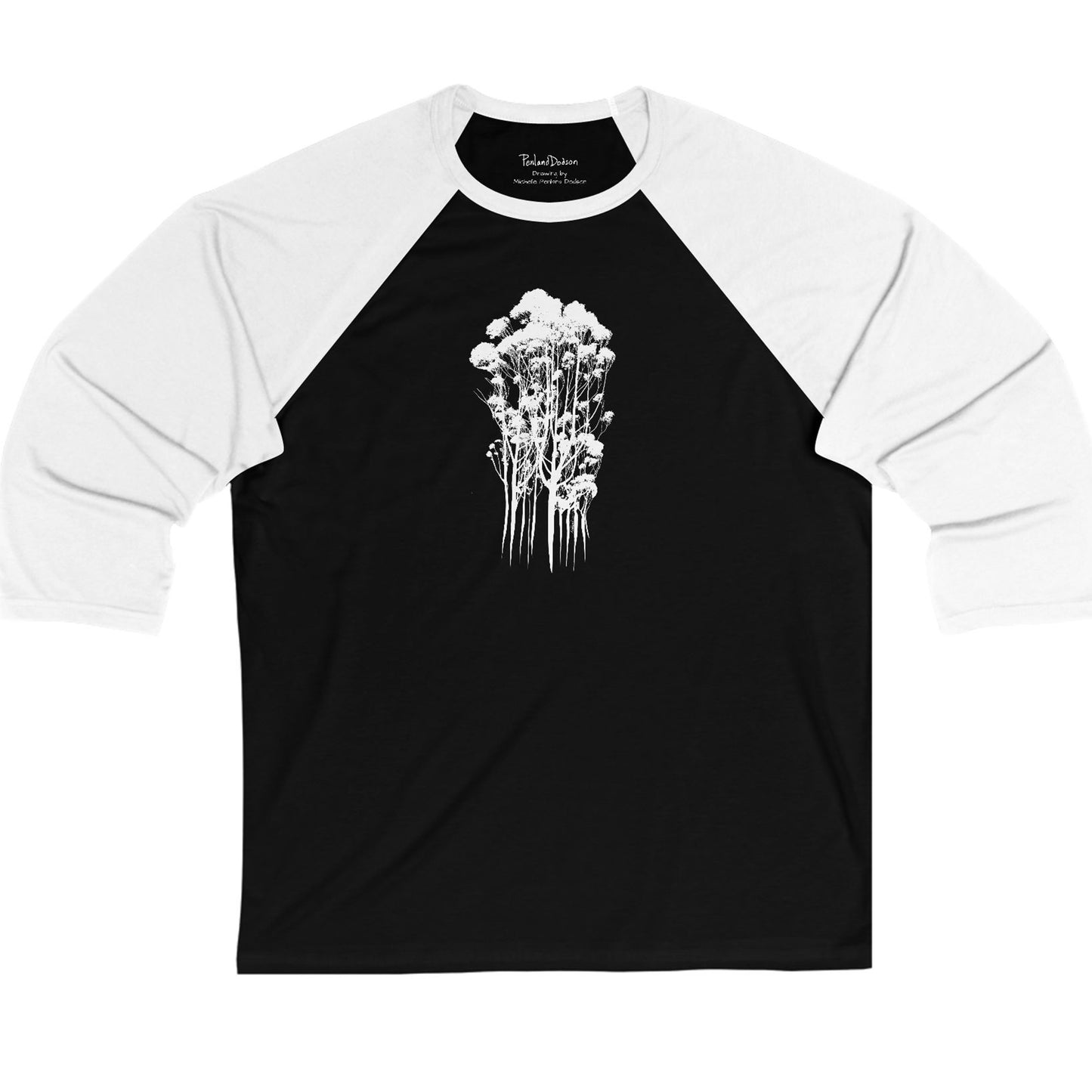 Vintage-Style 3-4 Sleeve Baseball Tee with Delicate Trees Floral Print