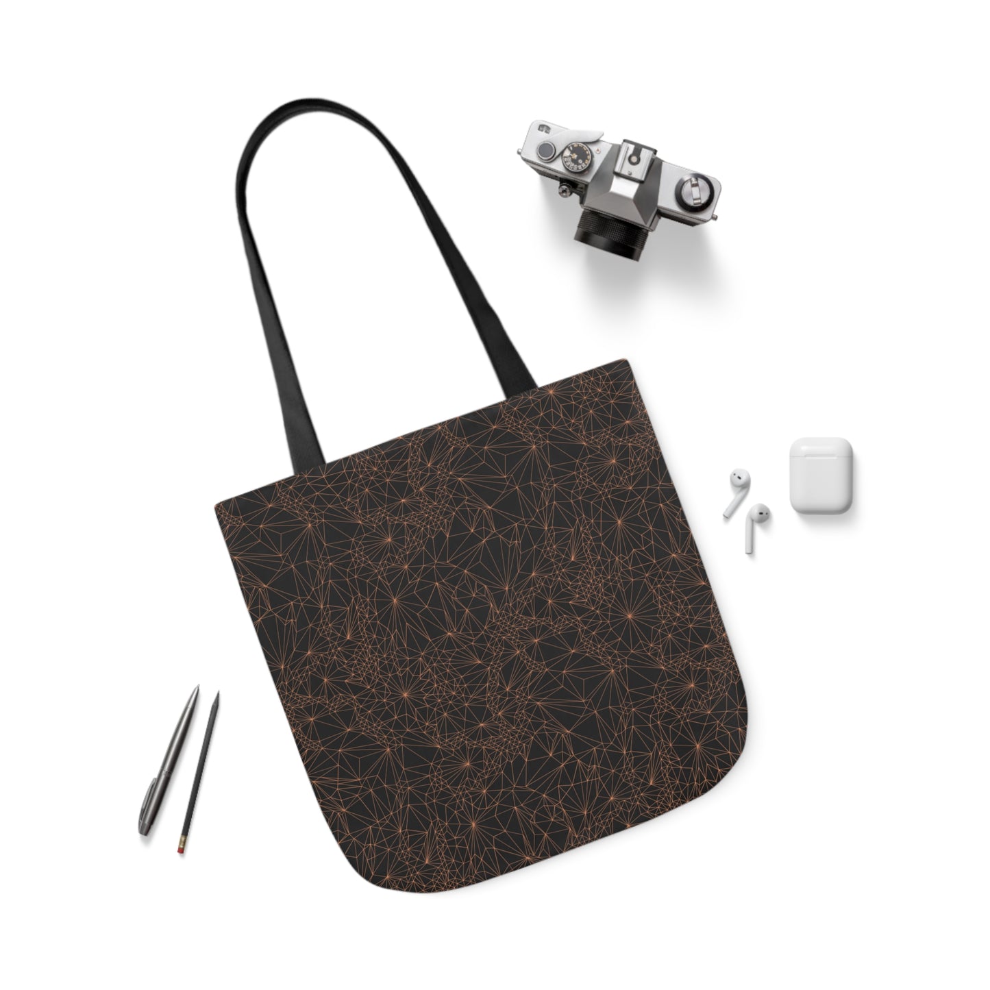 Tri-Mesh Geometric by Michelle Penland Dodson, Canvas Tote Bag alongside a camera, AirPods, and a pen and pencil. 18x18
