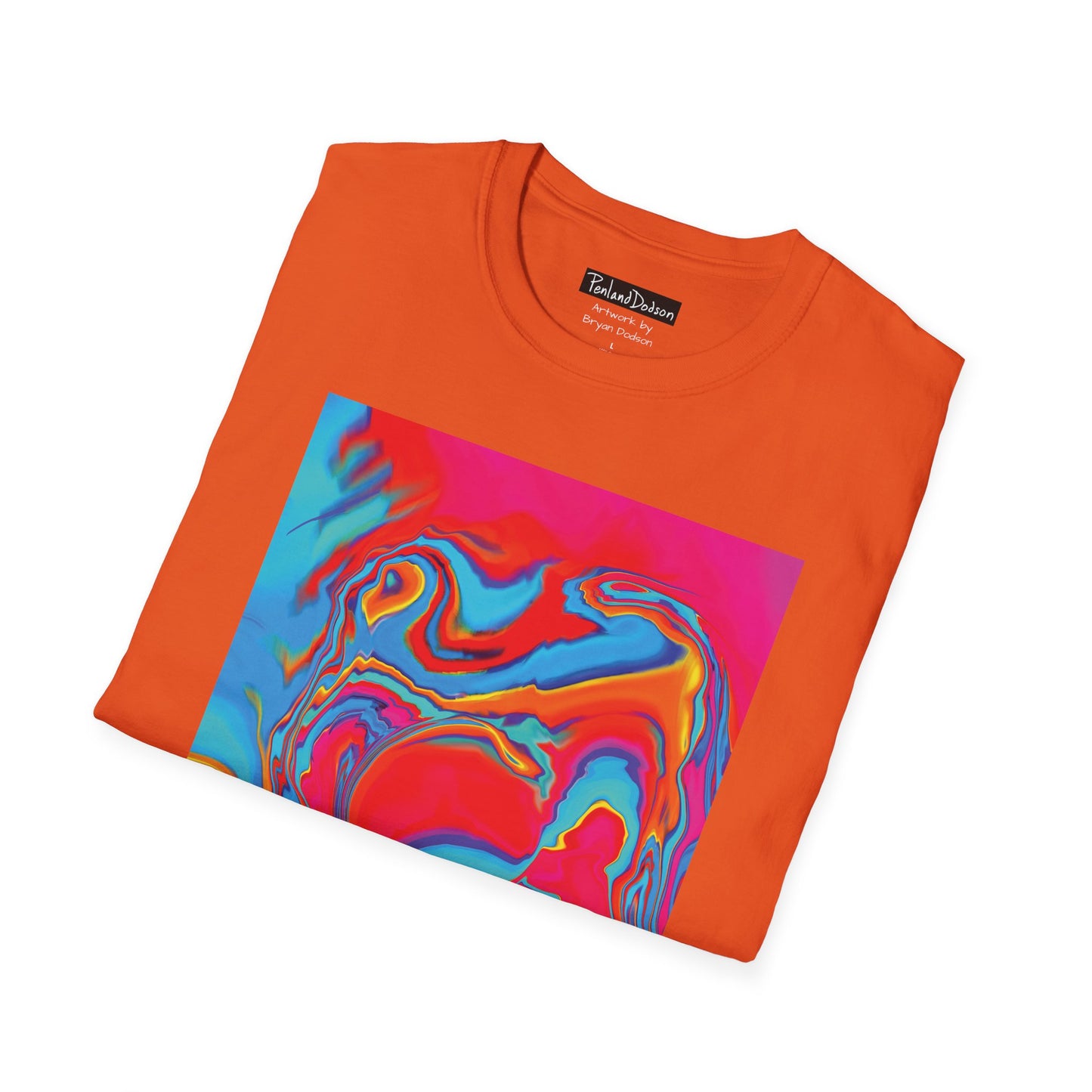 Folded View of Bryan Dodson's Improvisational Abstract Multicolor T-Shirt in Orange