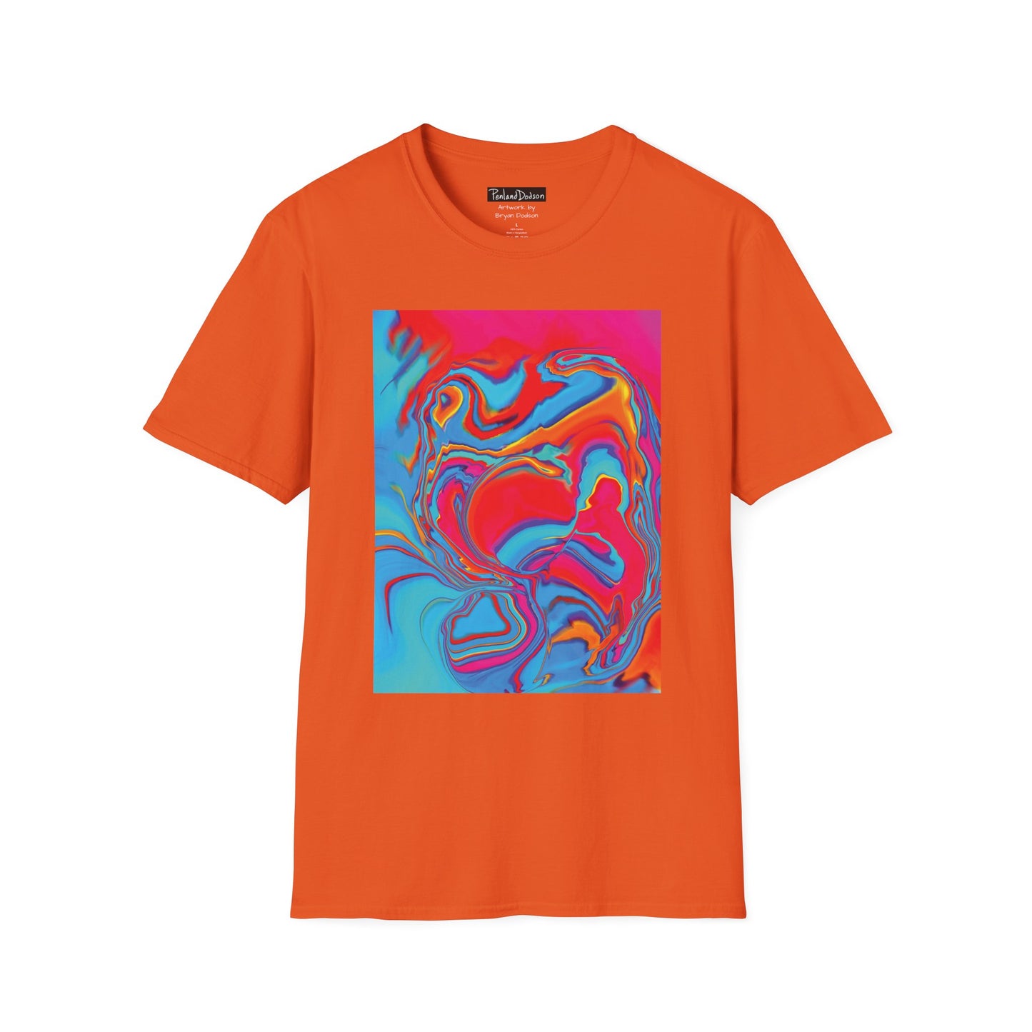 Front View of Bryan Dodson's Improvisational Abstract Multicolor T-Shirt in Orange