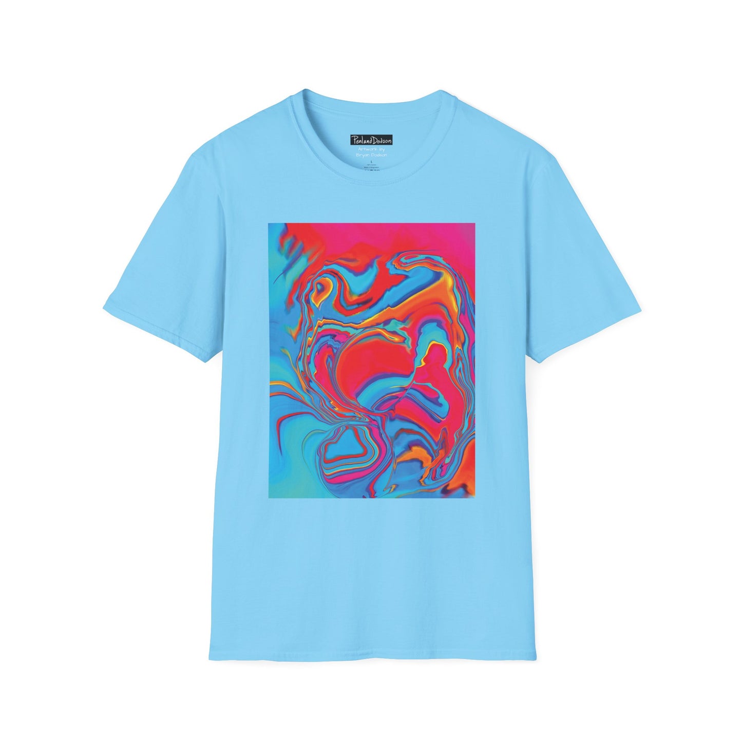 Front View of Bryan Dodson's Improvisational Abstract Multicolor T-Shirt in Sky