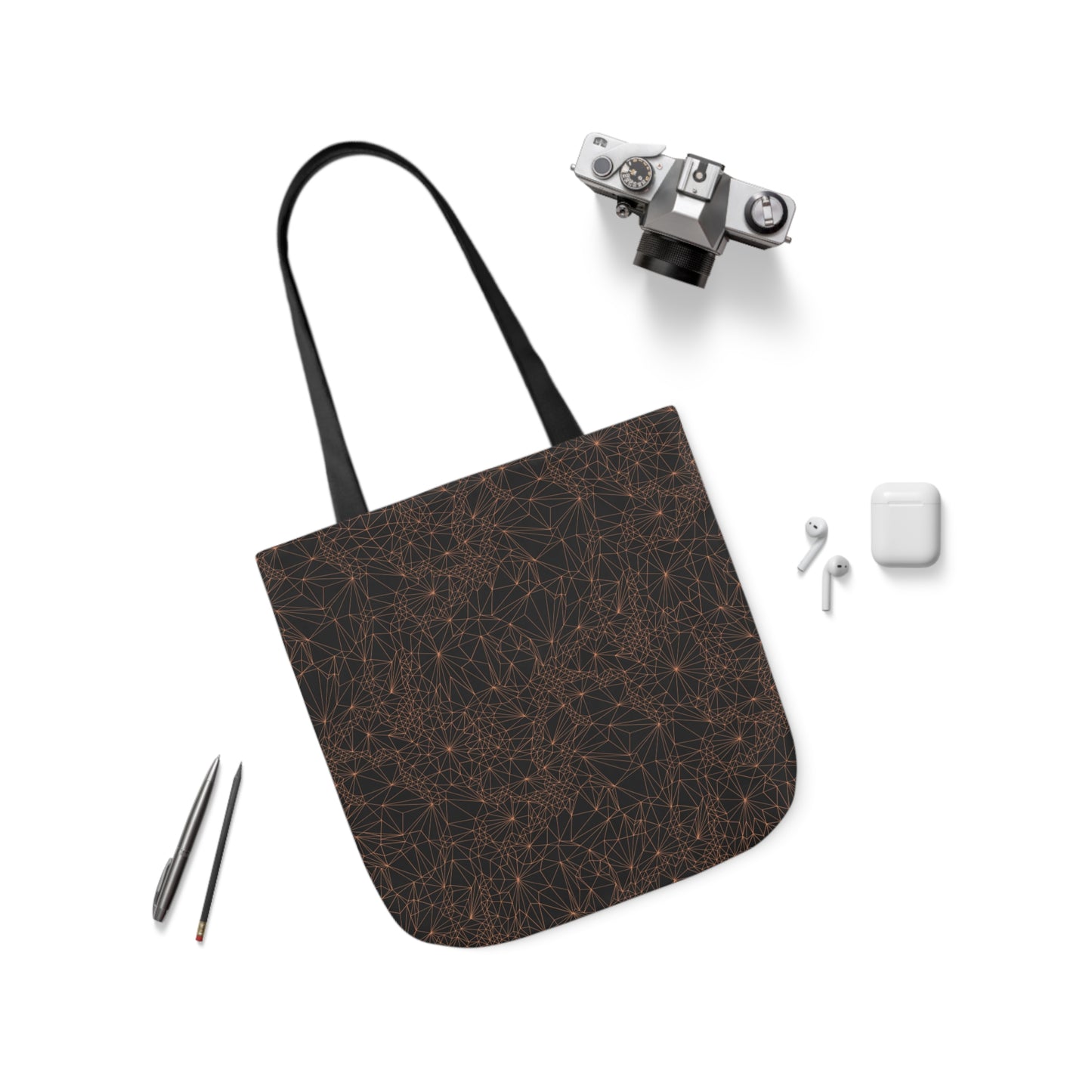 Tri-Mesh Geometric by Michelle Penland Dodson, Canvas Tote Bag alongside a camera, AirPods, and a pen and pencil. 16x16