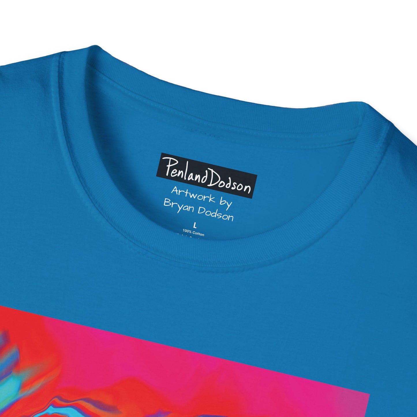Detail of label on Bryan Dodson's Improvisational Abstract Multicolor T-Shirt