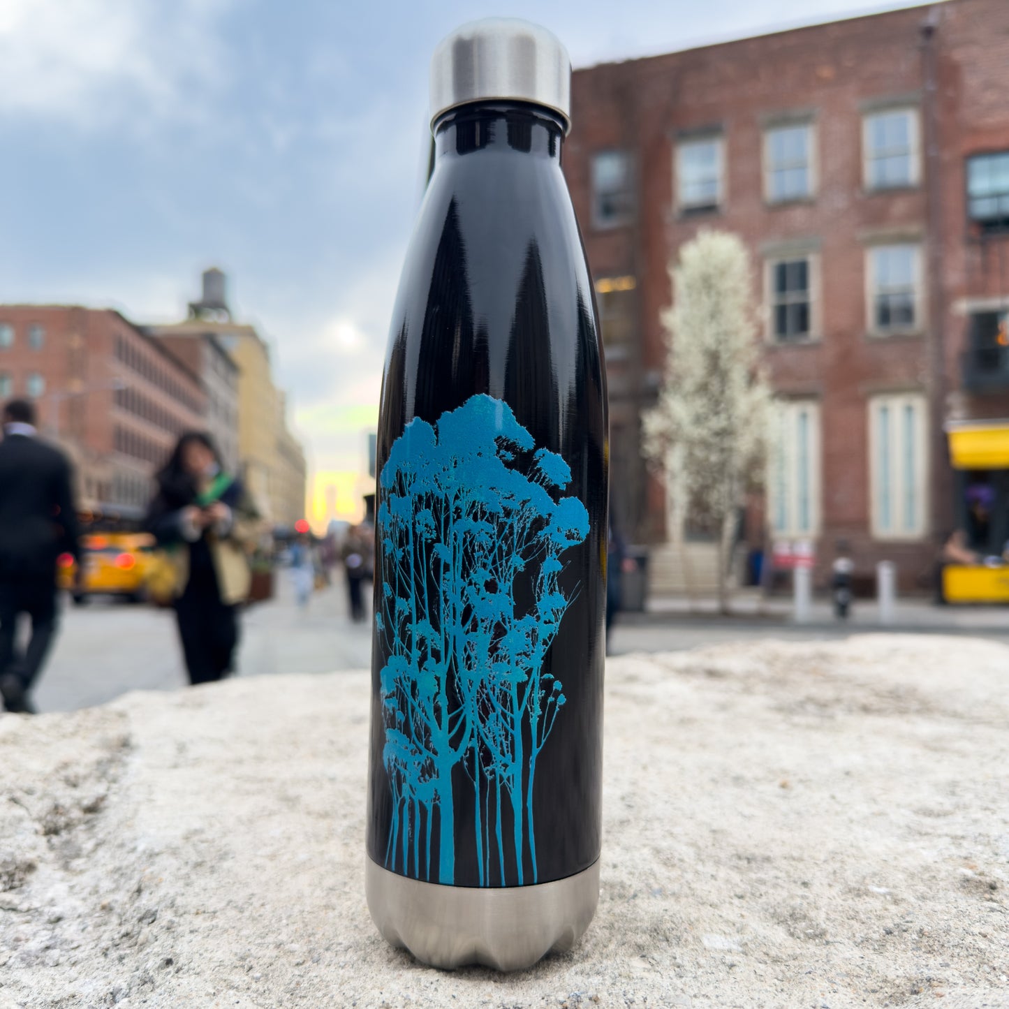 Delicate Trees by Michelle Penland Dodson, Stainless steel insulated water bottle with the Meatpacking District of NYC in the background.