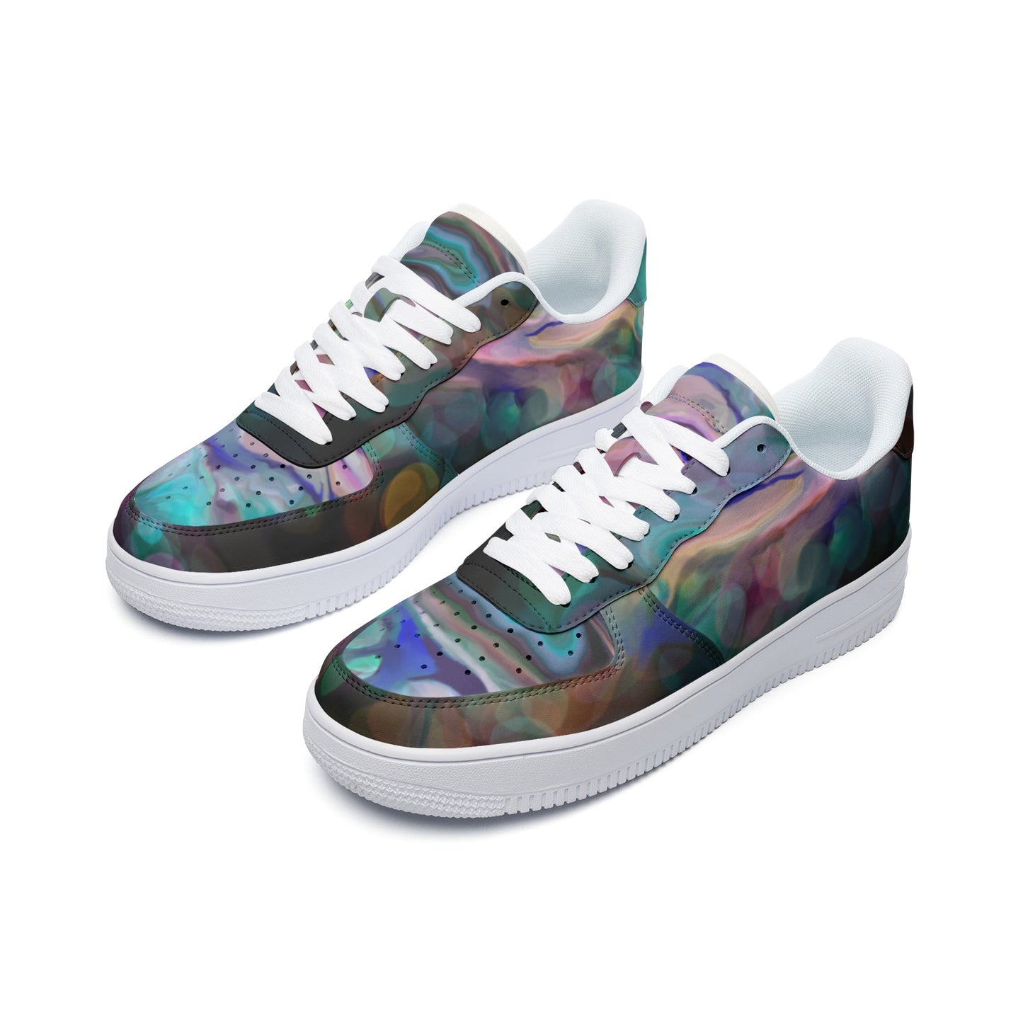 Angled view of Unisex Low Top Leather Sneakers Abstract Asymetrical