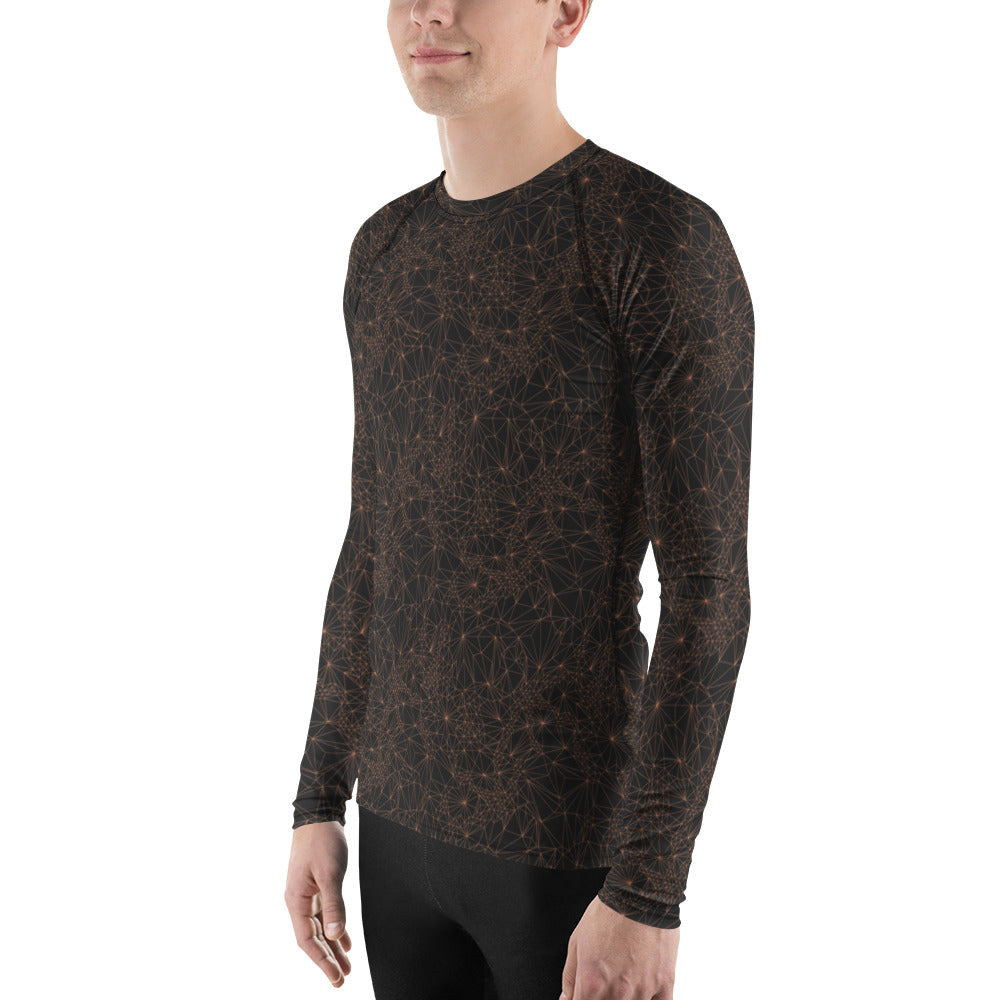 A man wearing a Tri-Mesh Geometric Men's Long Sleeve UV 50+ Shirt Dark Gray and Orange