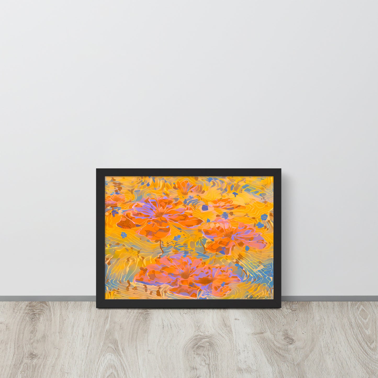 Watery Flowers by Michelle Penland Dodson, Framed Art Print on Paper 12x16 leaning against a wall