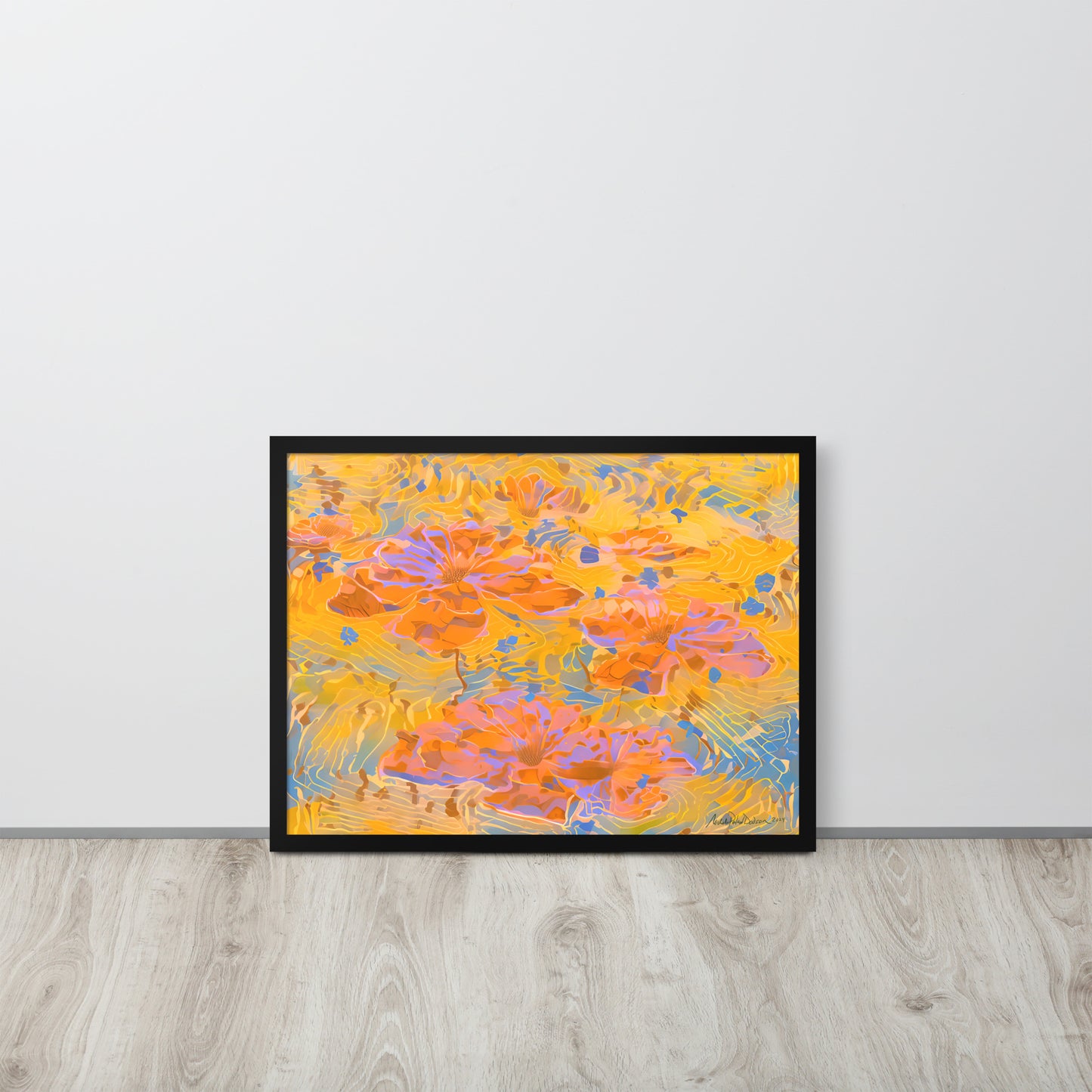 Watery Flowers by Michelle Penland Dodson, Framed Art Print on Paper 18x24 leaning against a wall