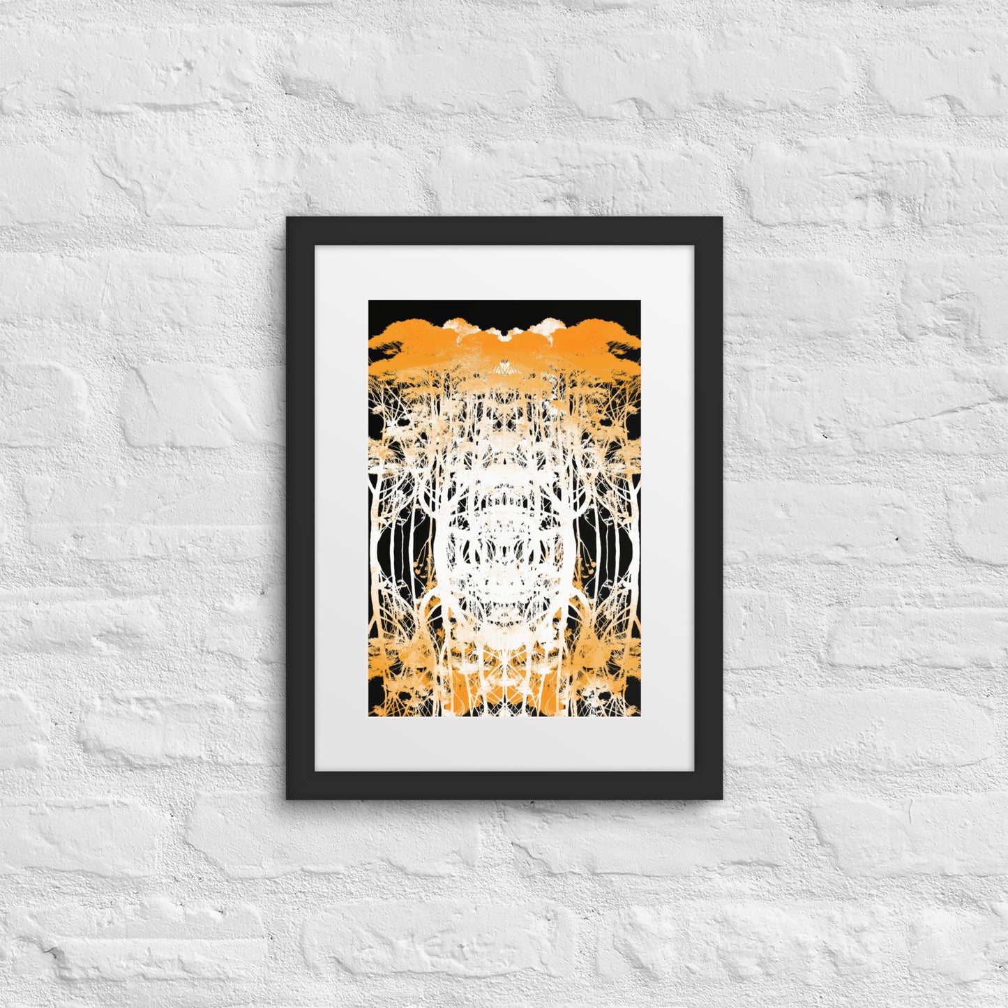 Delicate Trees Orange by Michelle Penland Dodson, Framed Art Print on Paper with Mat, hanging on a brick wall 12x16