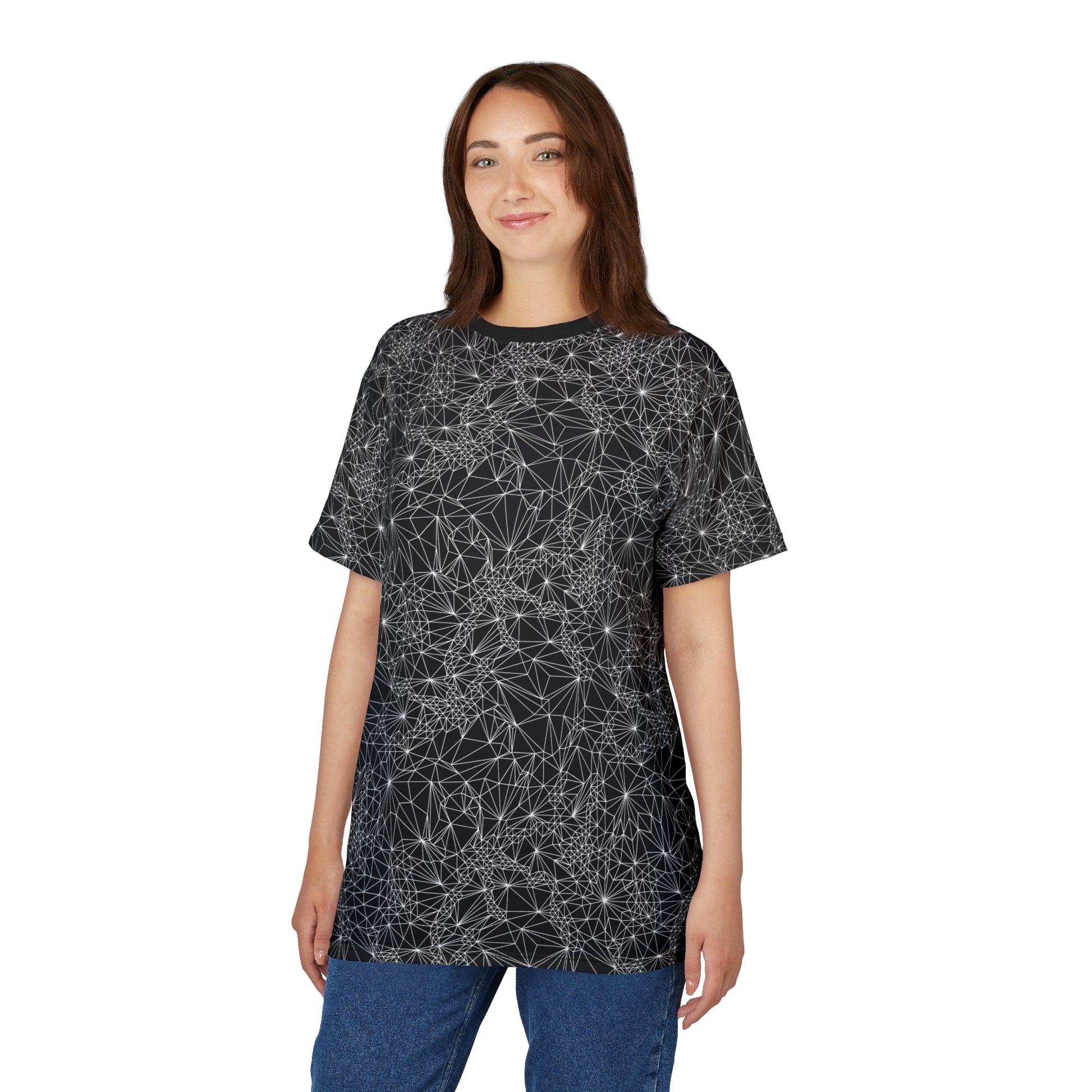 Woman wearing Black and White Tri-Geometric t-shirt that looks great with jeans