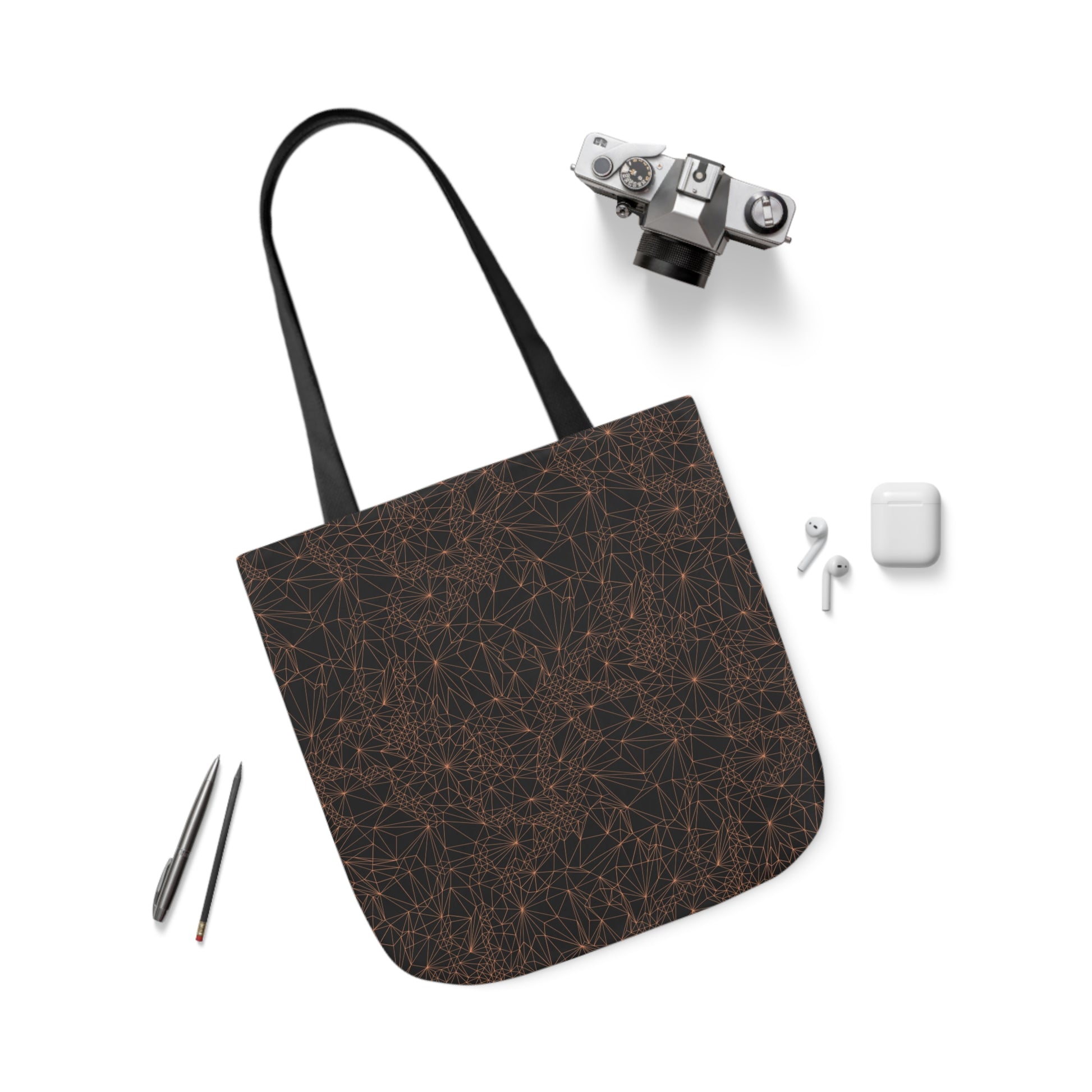 Tri-Mesh Geometric by Michelle Penland Dodson, Canvas Tote Bag alongside a camera, AirPods, and a pen and pencil. 18x18