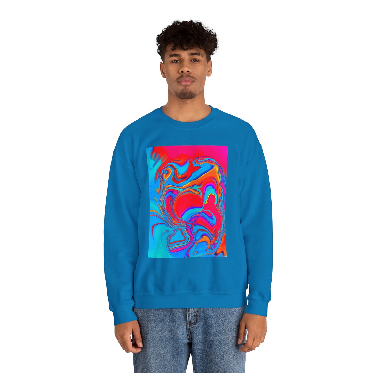 A man wearing the colorful Improvisational Abstract Crewneck Sweatshirt by Bryan Dodson