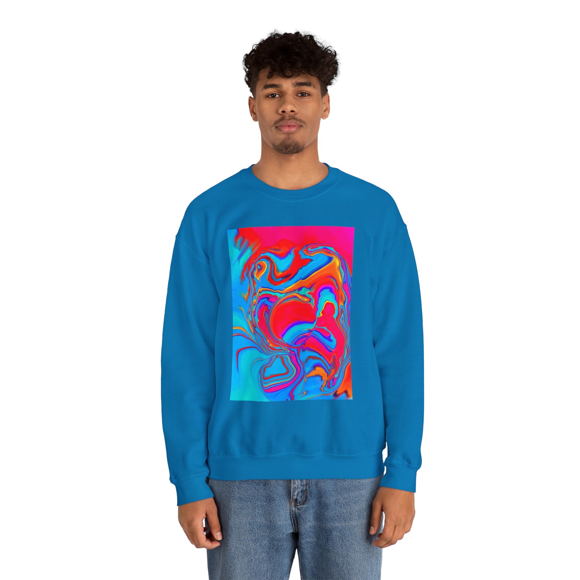 A man wearing the colorful Improvisational Abstract Crewneck Sweatshirt by Bryan Dodson