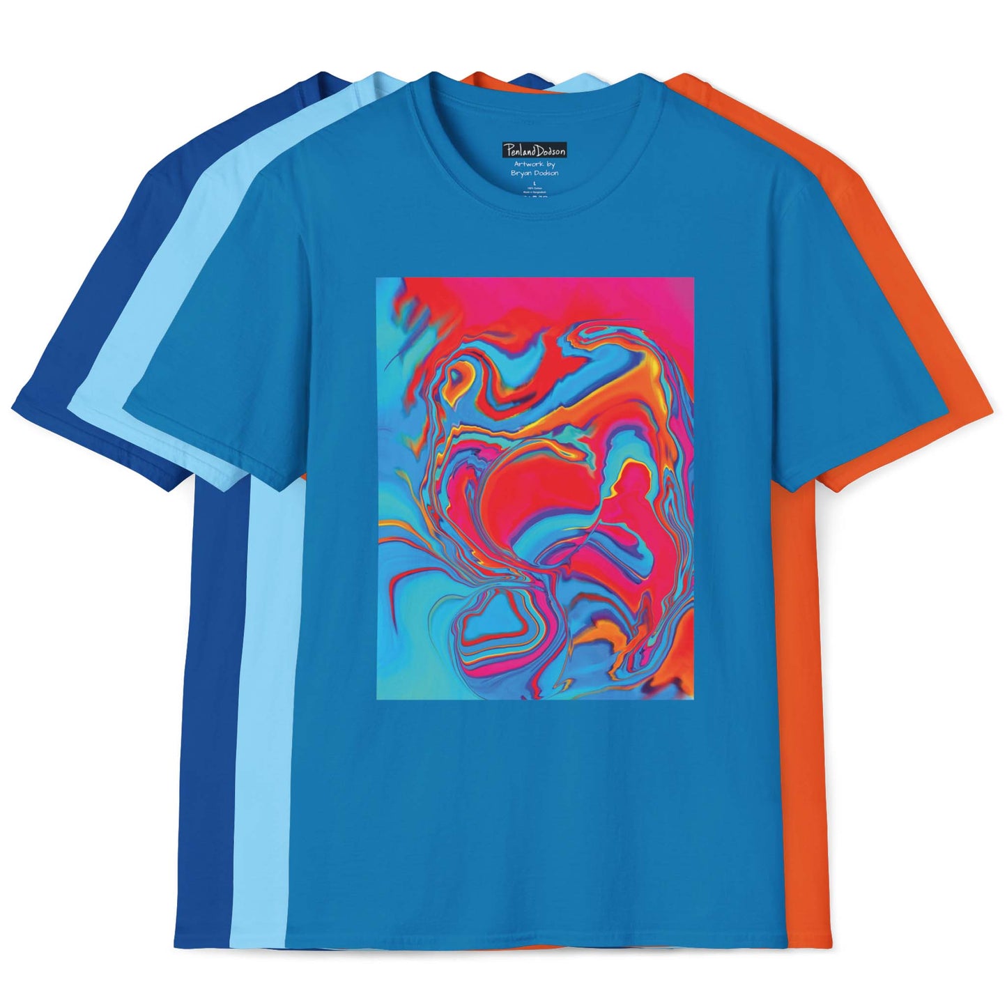 Front View of Bryan Dodson's Improvisational Abstract Multicolor T-Shirt – Full Color Range Display