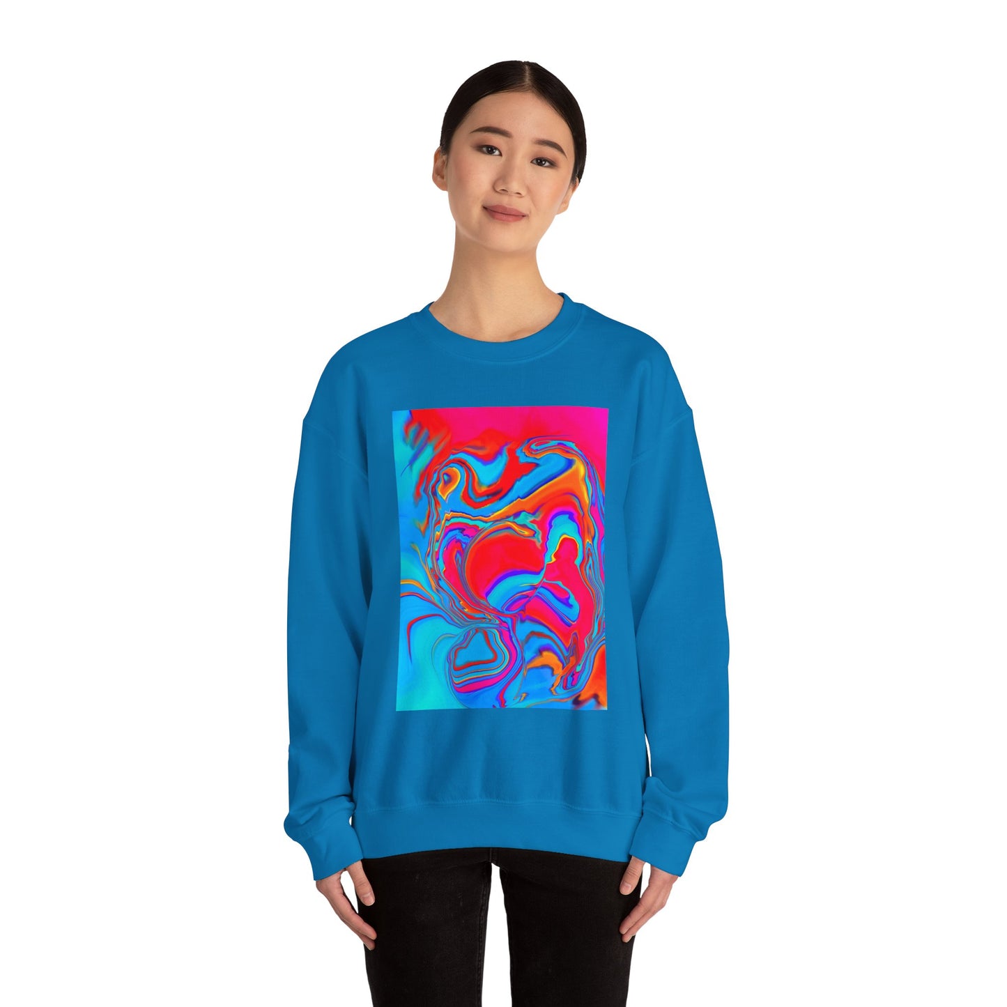 A woman wearing the The colorful and psychedelic Improvisational Abstract Crewneck Sweatshirt by Bryan Dodson folded